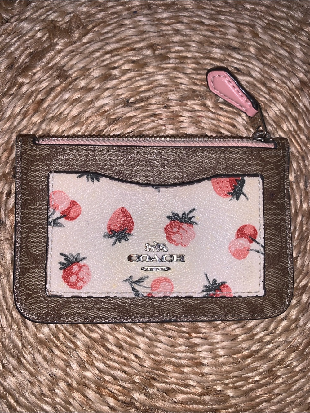 Coach Pink & Brown Strawberry Card Case